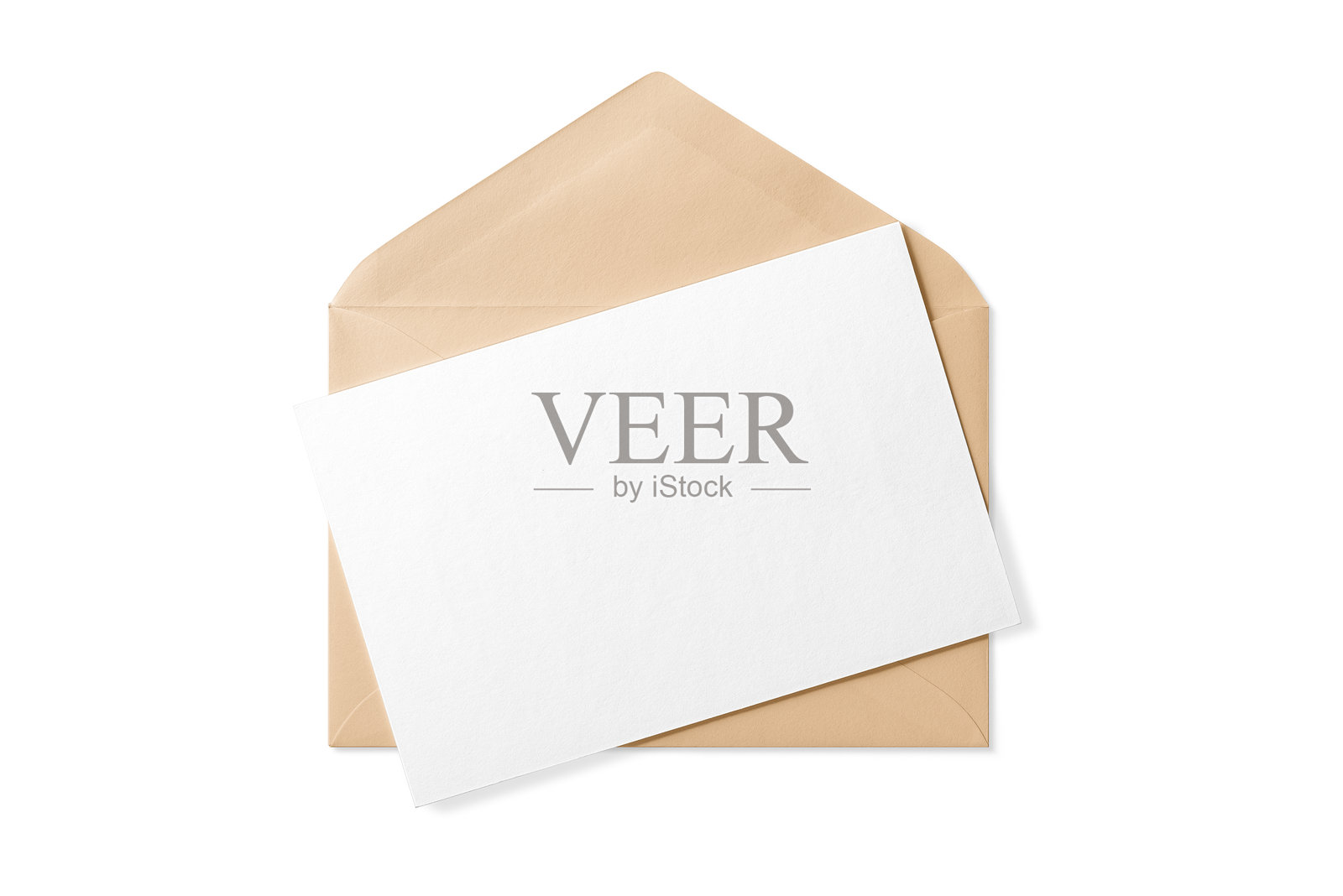 打开的棕色纸信封模型,内含纸张,背景为白色。照片摄影图片