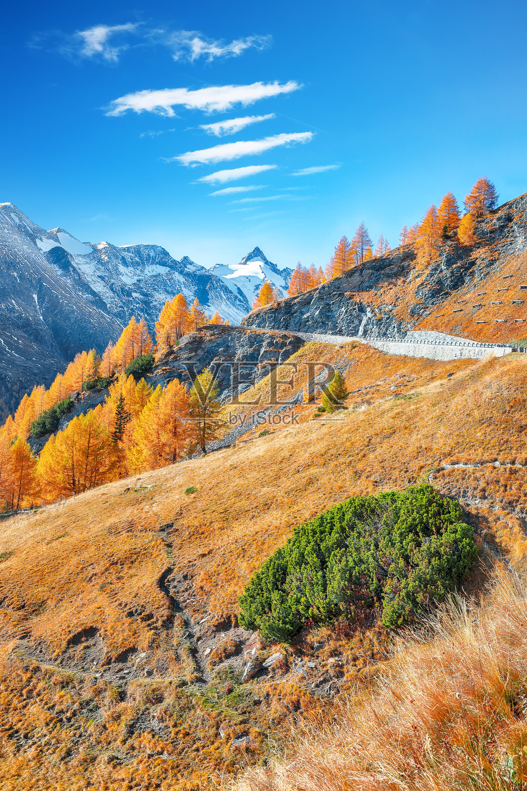美丽的秋季风景,位于格罗斯格洛克纳高山公路,背景是格罗斯格洛克纳山。照片摄影图片