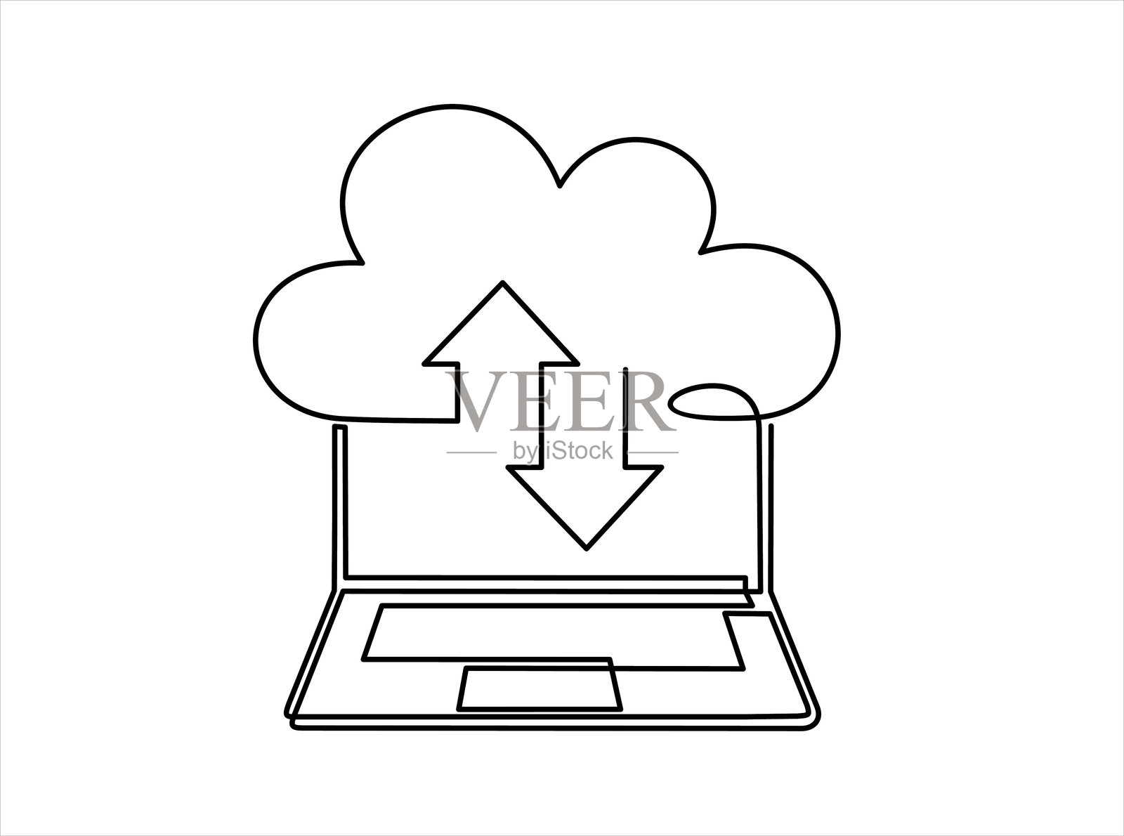 数字技术。连续的一笔画描绘了笔记本电脑与云之间的信息交换。笔记本电脑发光,将文件下载到云存储中。插画图片素材