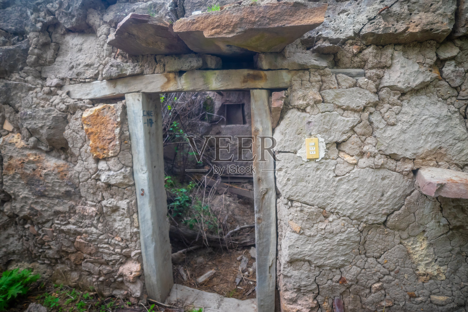 日落时分,树木框住的废弃老房子,位于萨卡特卡斯州的蒙特埃斯科贝多的兰乔洛斯卡尔多斯。照片摄影图片