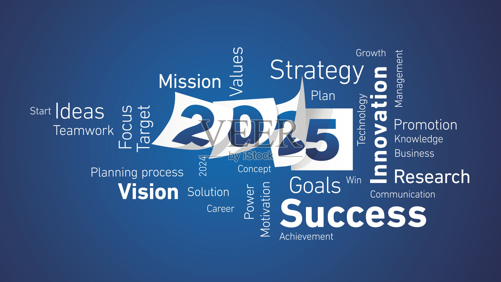 成功的新年2025,闪亮的白色文字云,配有蓝白色的2025年日历页面,背景为蓝色板。插画图片素材