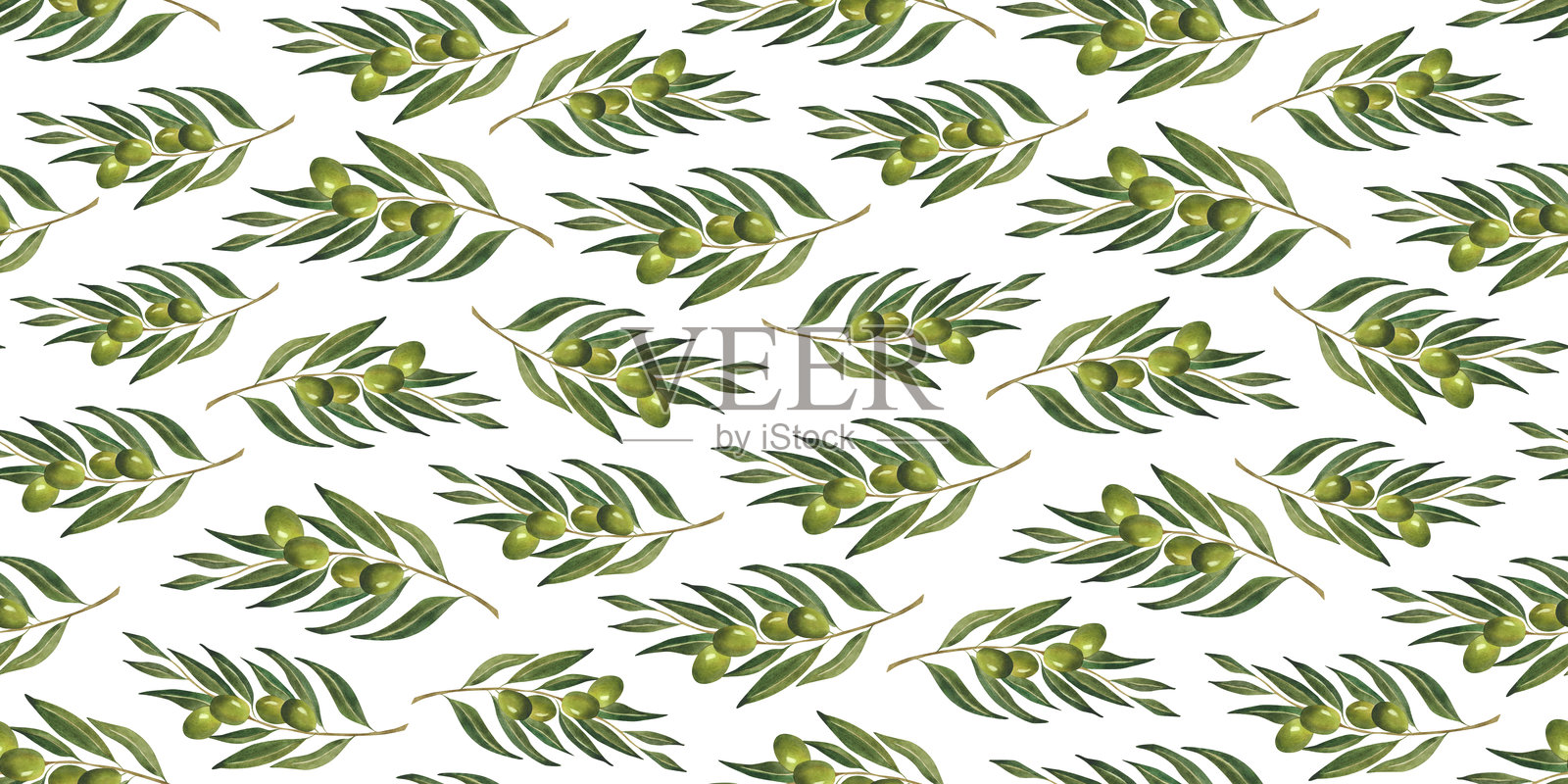 水彩橄榄绿色树枝无缝图案,适用于墙纸、橄榄油包装纸、花卉印花纺织品、咖啡馆装饰、植物背景设计,意大利植物,有机自然。照片摄影图片