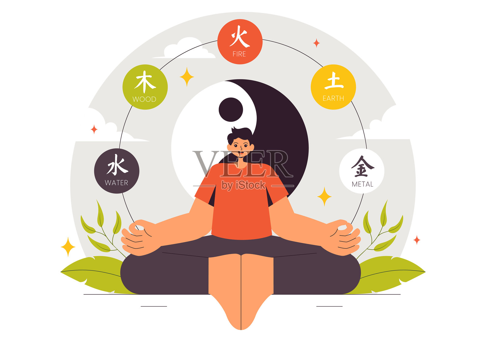 风水东方哲学矢量插图,展示石头和植物,象征五行的积极能量与阴阳的平衡插画图片素材