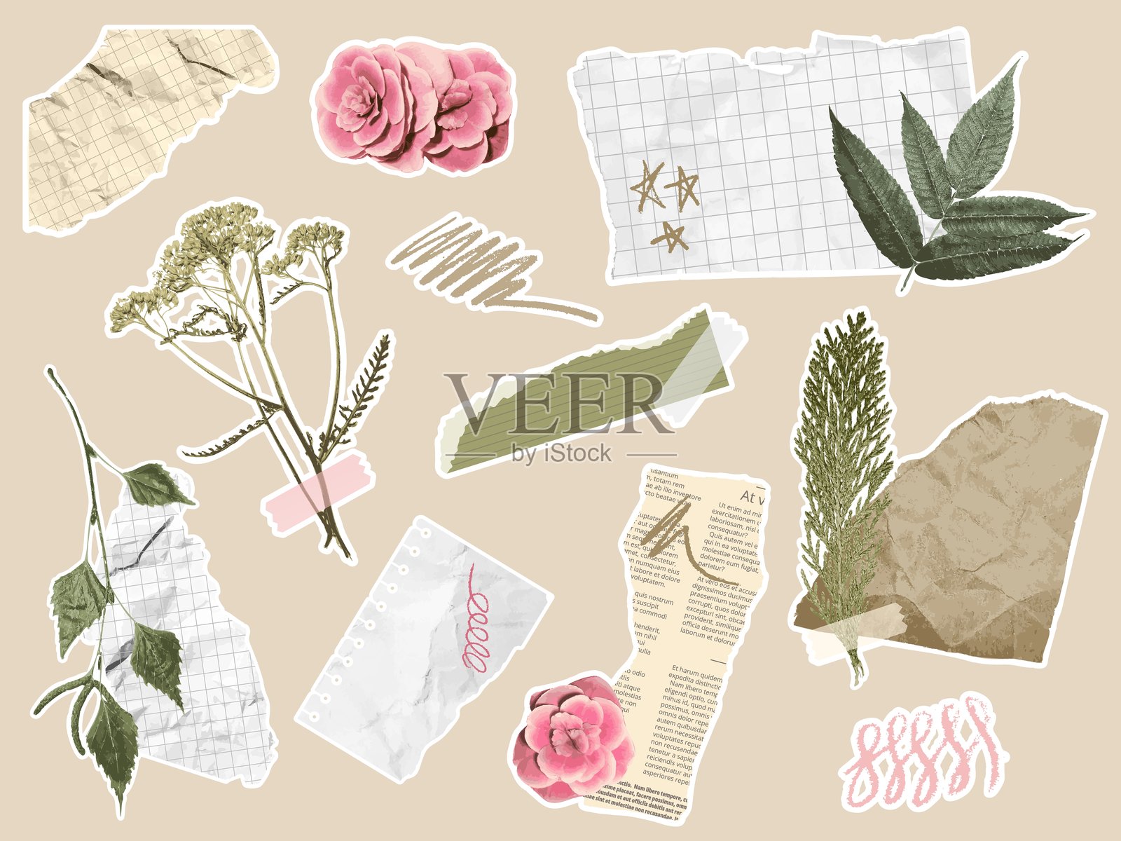 剪纸元素。植物拼贴,包含撕裂的纸片、涂鸦、带叶子和花朵的树枝。可爱风格的日记花卉设计矢量套件。插画图片素材