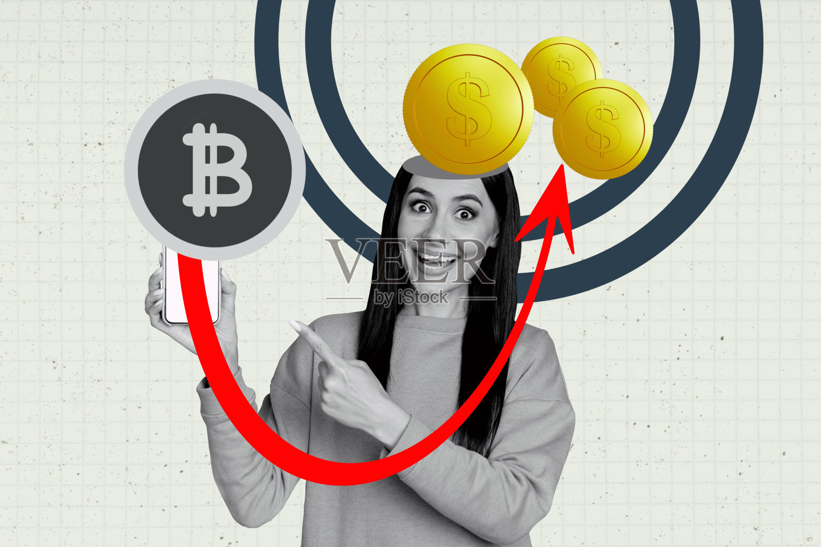 商业统计趋势艺术作品草图,图像拼贴,年轻女性人力资源交易员,富有,手持手机,手指指向比特币硬币照片摄影图片