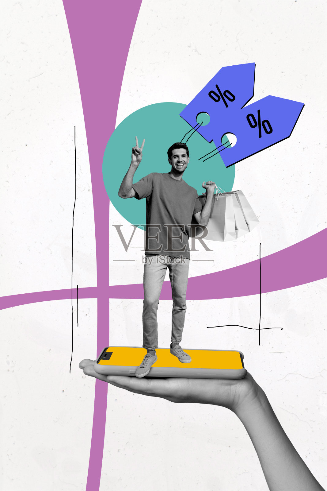 折扣优惠的潮流艺术素描图像拼贴,低价黑色星期五,年轻男士时尚服装展示架,智能手机促销横幅照片摄影图片