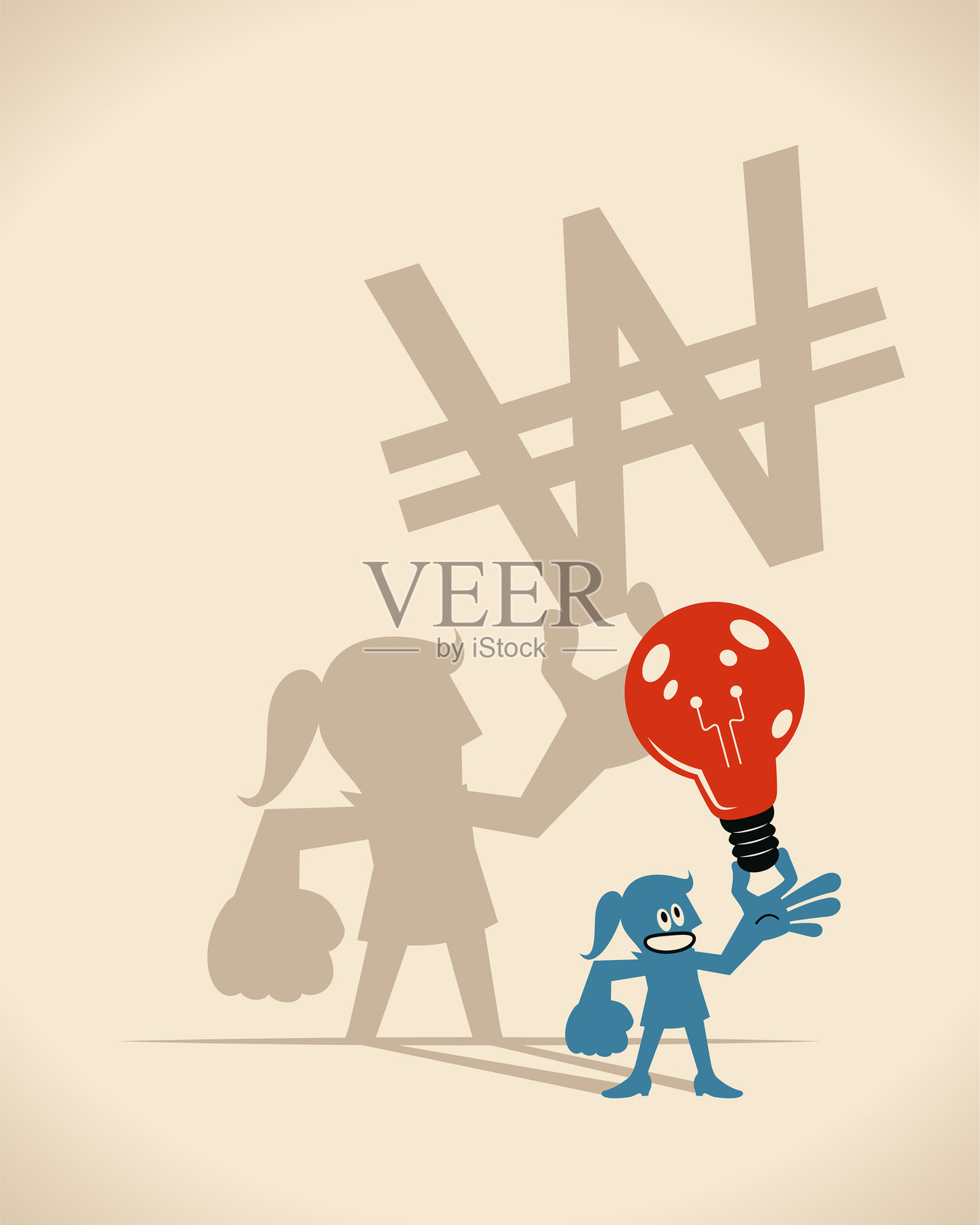 快乐的商务女性拿着一个大灯泡,她的影子拿着货币符号插画图片素材