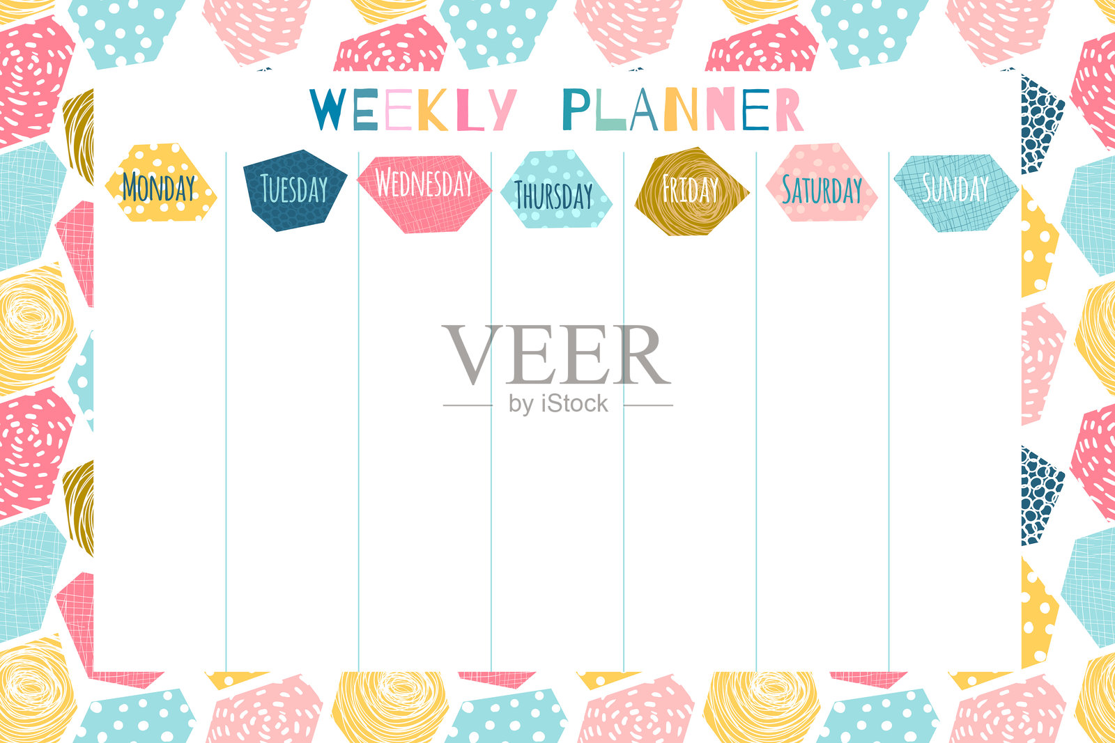 可爱多彩的周计划模板,配有几何抽象背景,适用于文具和日常计划及日程的组织器插画图片素材