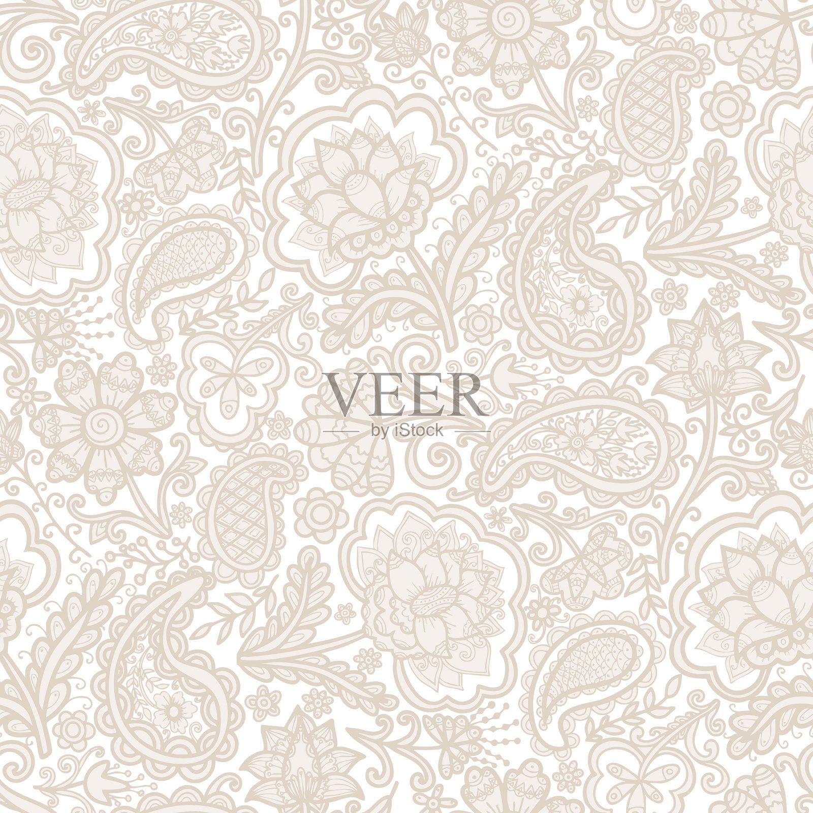 漩涡花朵,米色佩斯利图案,白色背景。插画图片素材