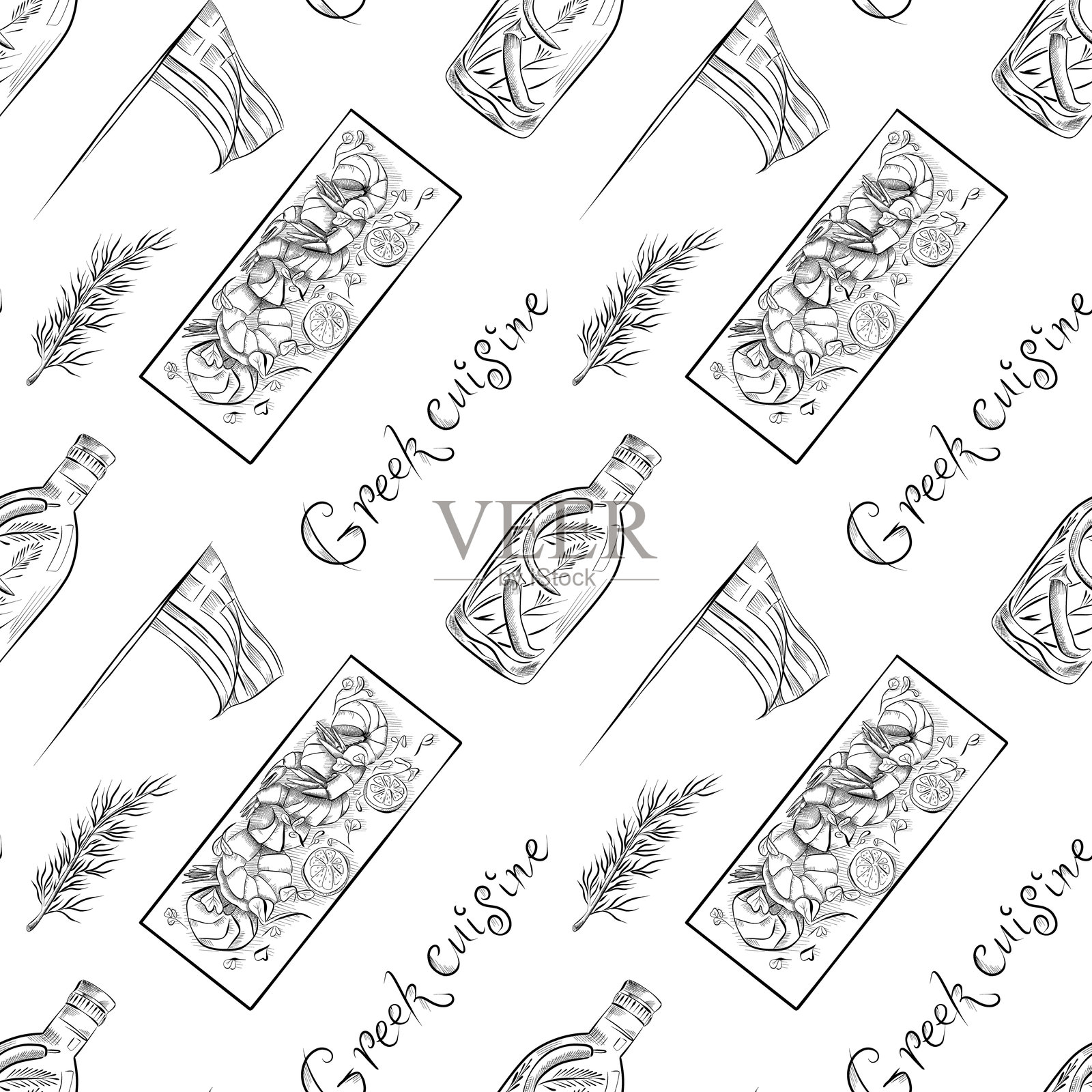 矢量无缝图案线条艺术元素 - 食物,烹饪插画图片素材