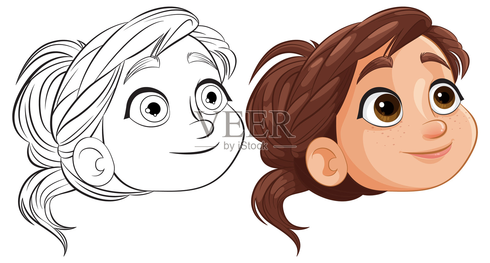 两个微笑的卡通人物的脸,一个彩色,一个轮廓。插画图片素材