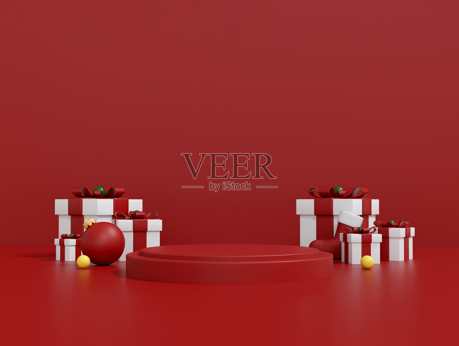 红色讲台背景上的圣诞礼品盒和金色星星,极简主义节日场景。3D插图照片摄影图片