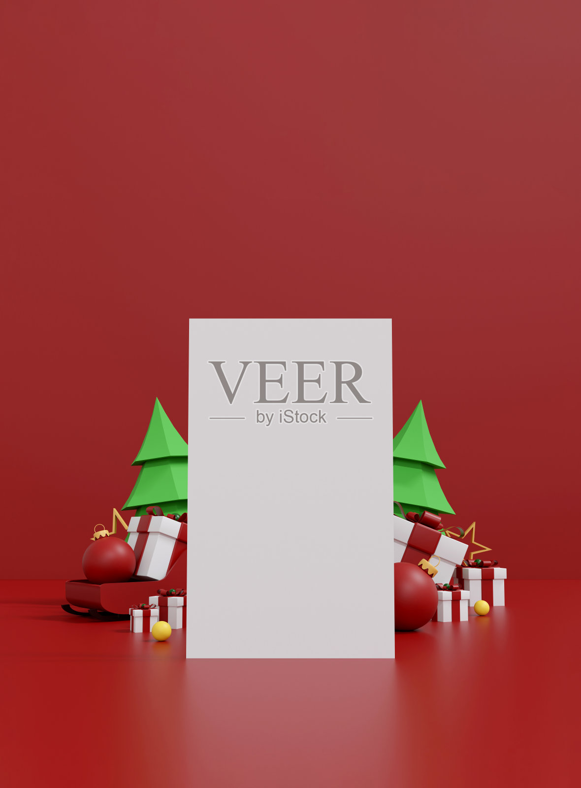 红色讲台背景上的圣诞礼品盒和金色星星,极简主义节日场景。3D插图照片摄影图片