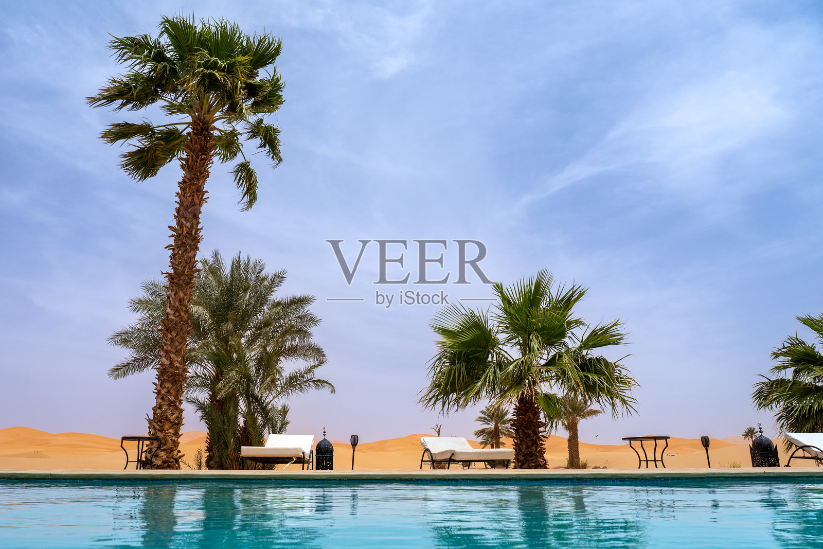 梅尔祖卡沙漠中的宁静泳池旁度假胜地,棕榈树环绕照片摄影图片