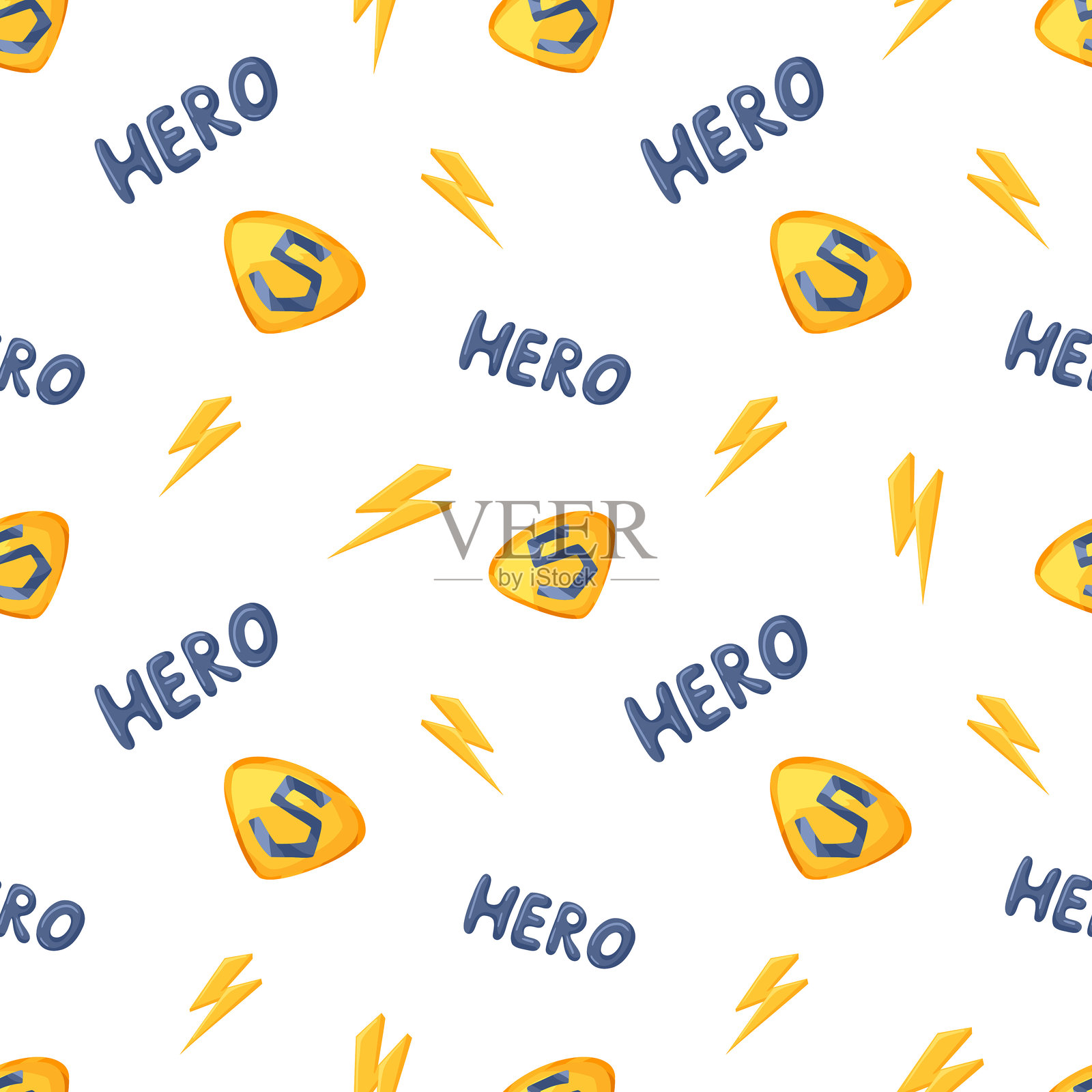 超级英雄无缝图案,包含英雄文字、超级英雄标志和闪电元素插画图片素材