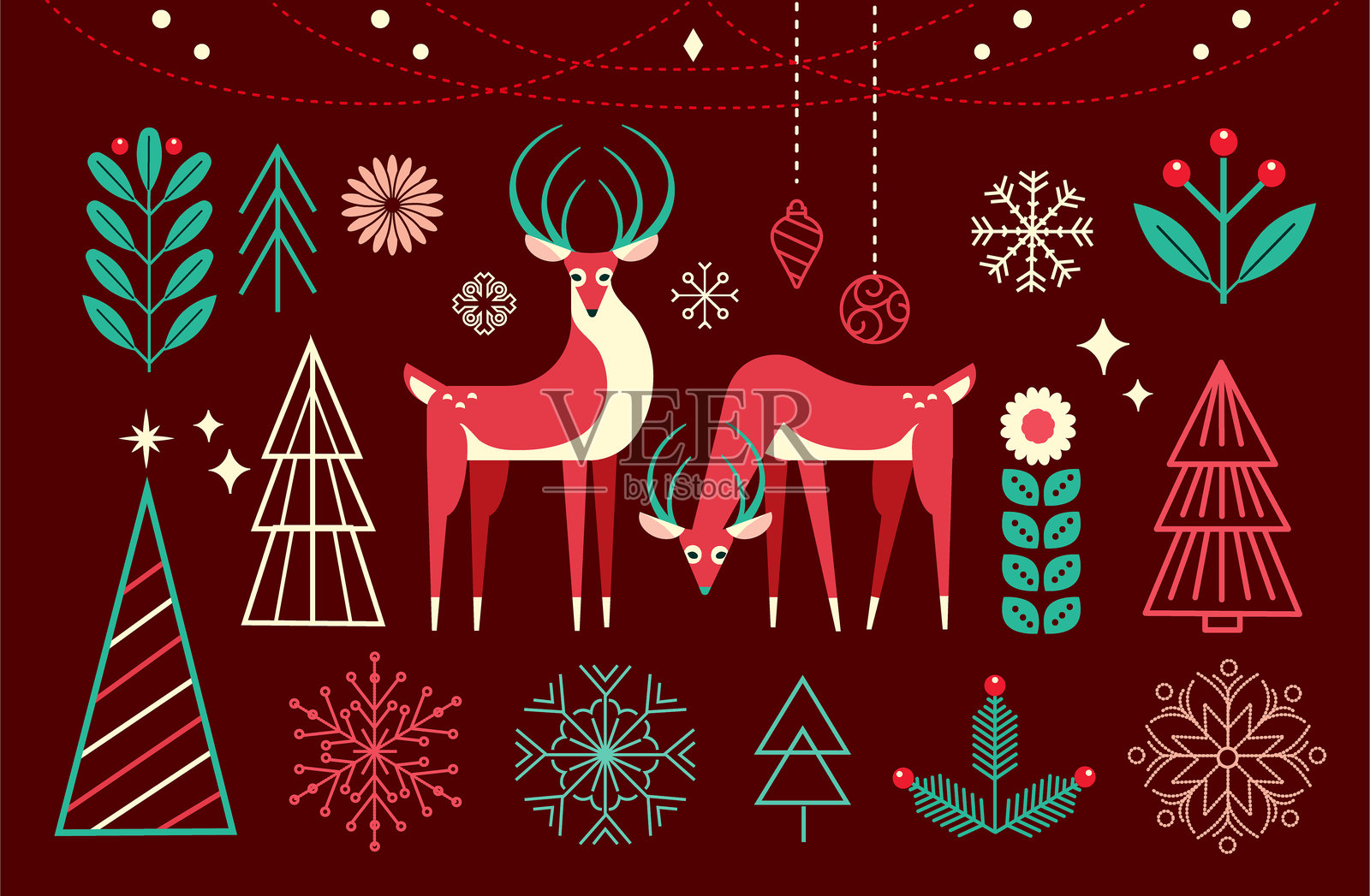 圣诞快乐节日问候设计元素,包含节日树、树枝、雪花形状和风格化的红鹿插画图片素材