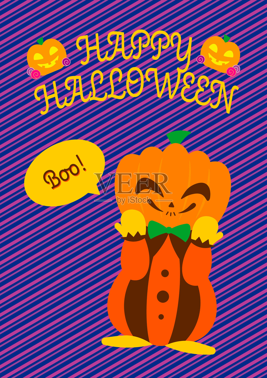 万圣节明信片。可爱的南瓜灯。紫色条纹背景。横幅。广告。贺卡。插画图片素材