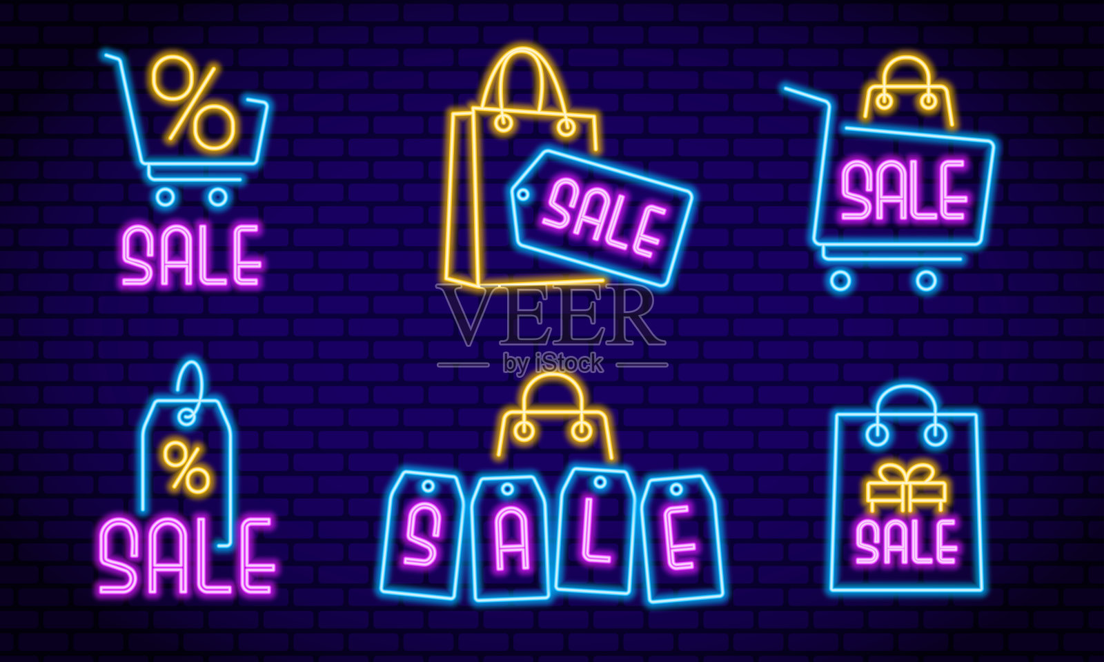 霓虹促销元素集合。用于促销设计、折扣标签和营销元素的矢量插图。插画图片素材