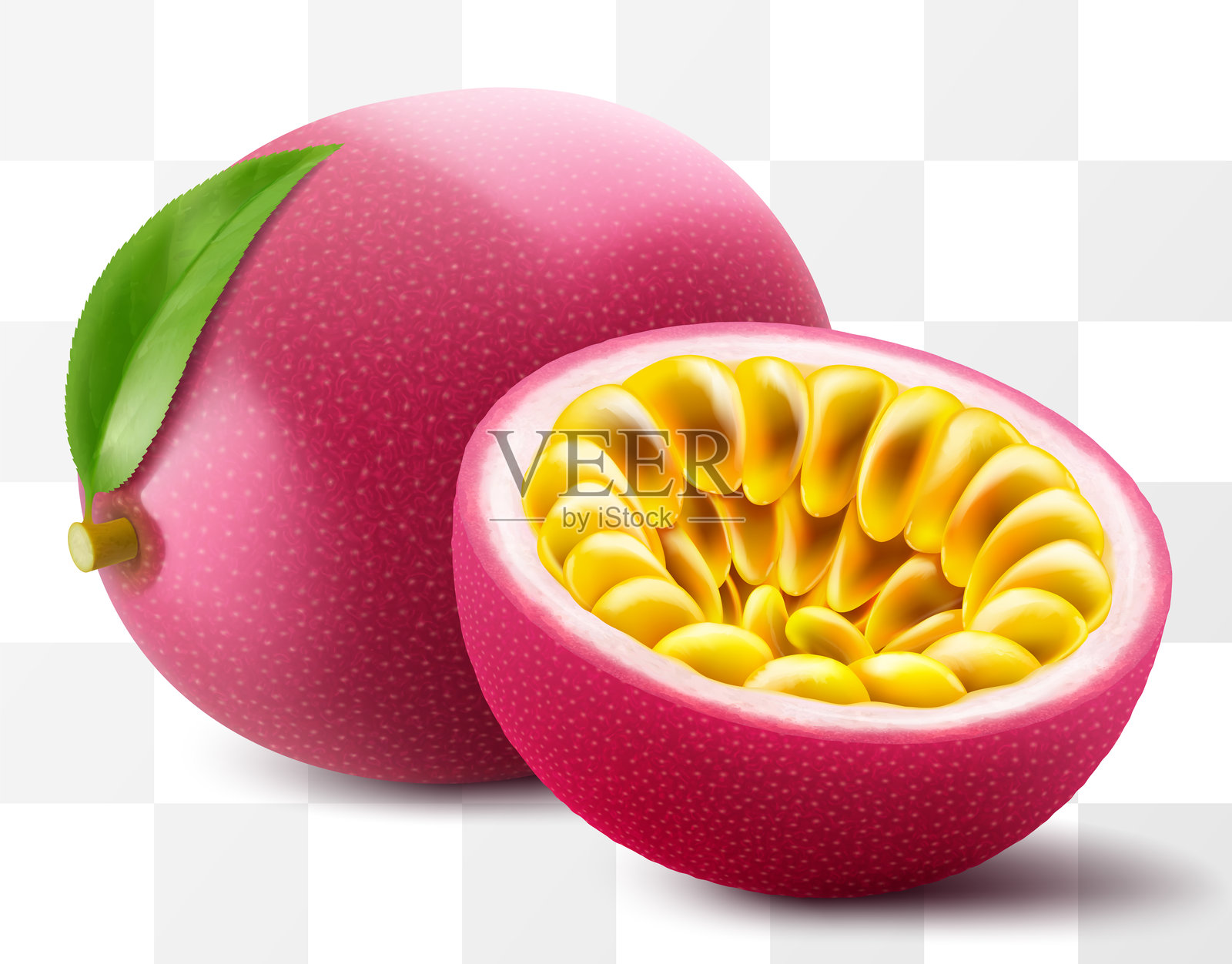 整颗和切半的百香果,背景透明。成熟的紫色百香果或西番莲,适合包装设计。热带水果的真实3D矢量插图。插画图片素材