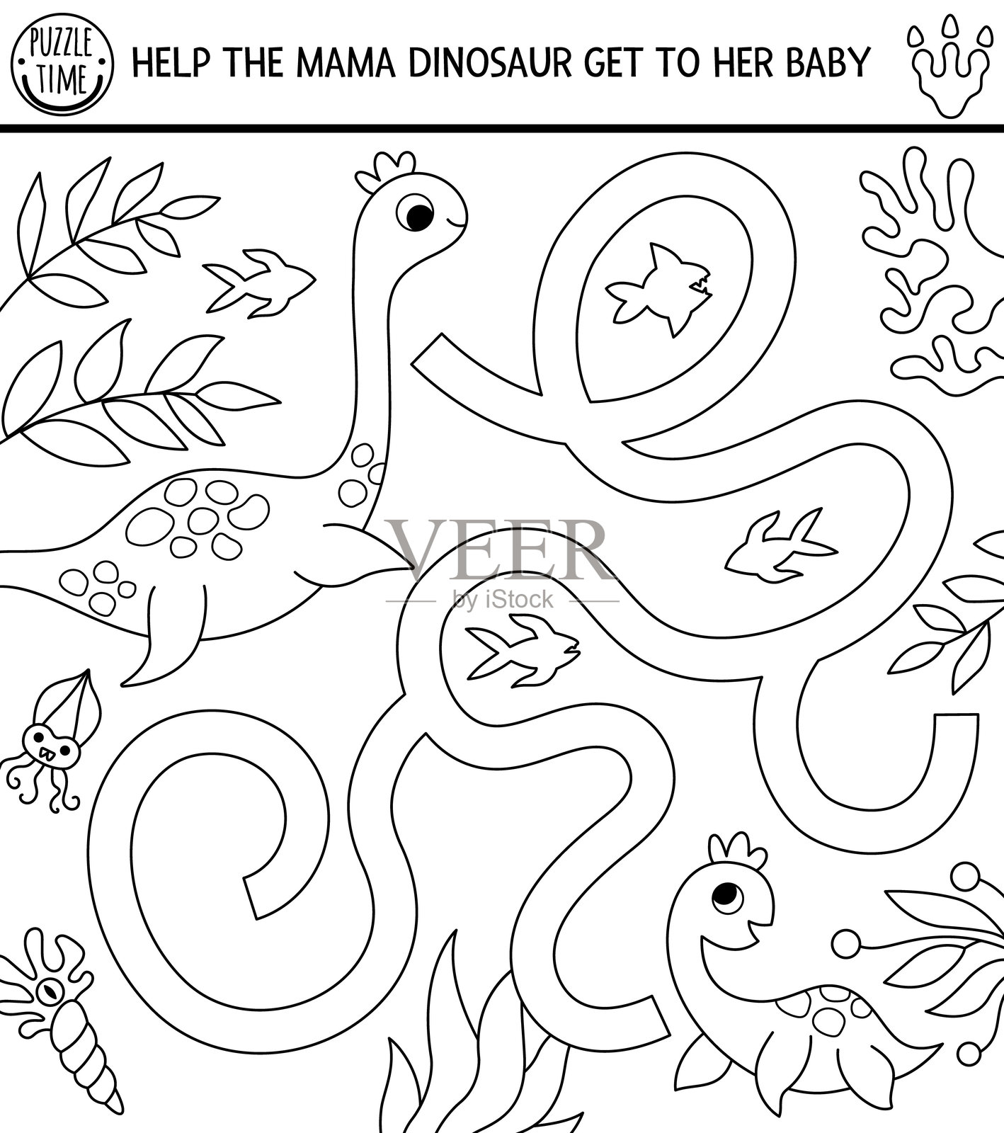 黑白恐龙迷宫,适合儿童,背景为古代世界风景。方形史前线条可打印活动。恐龙乐园迷宫游戏,拼图,涂色页。帮助蛇颈龙找到它的宝宝。插画图片素材