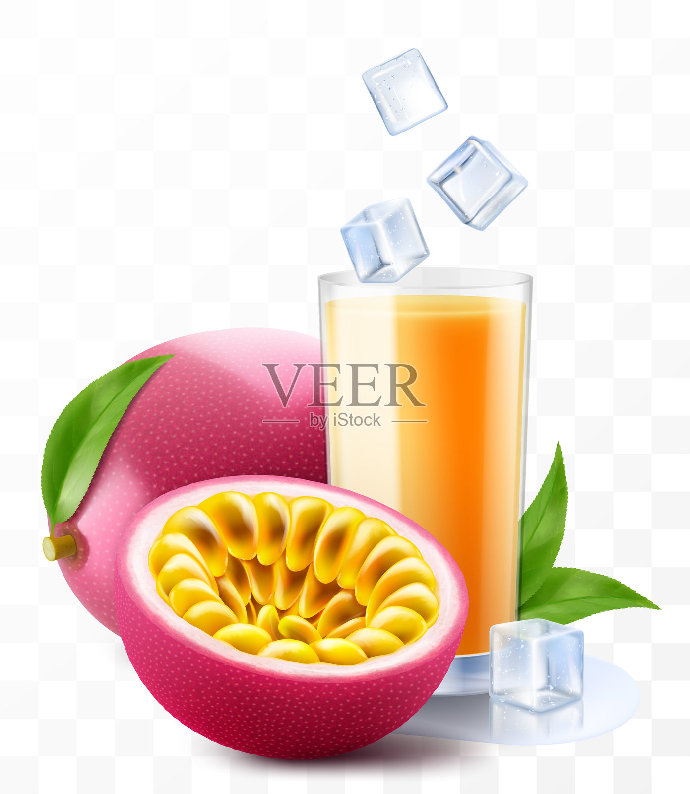 一杯新鲜的百香果汁,搭配百香果和冰块。鸡尾酒或冰沙杯,里面有成熟的异国百香果,背景透明。逼真的3D矢量插图。插画图片素材
