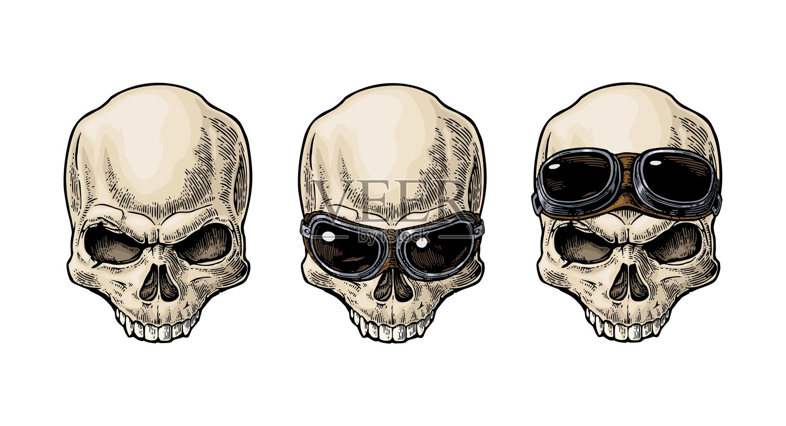 摩托车骷髅戴眼镜。复古雕刻插图插画图片素材