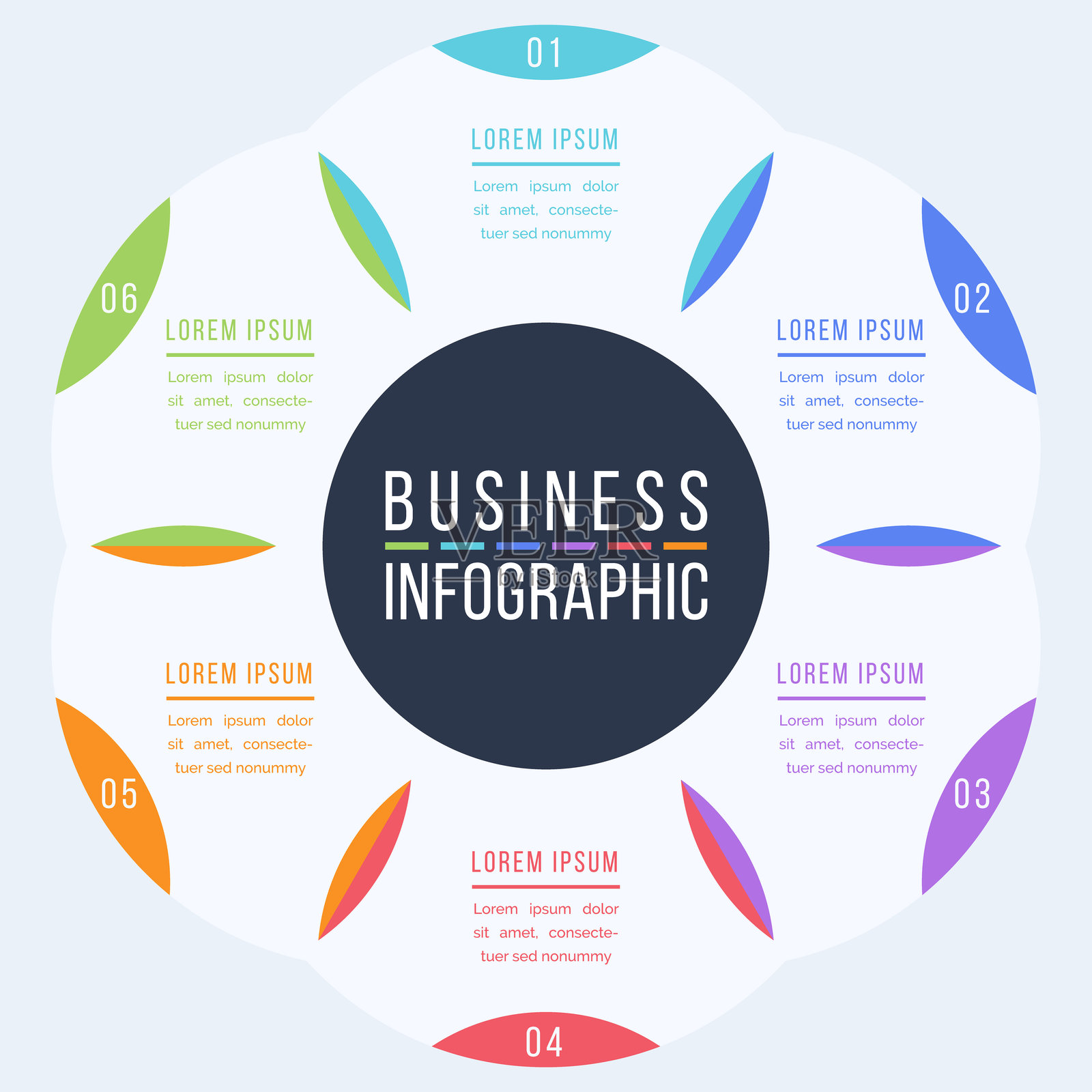 六步圆形信息图模板,包含对象、元素或选项的信息图商业设计插画图片素材