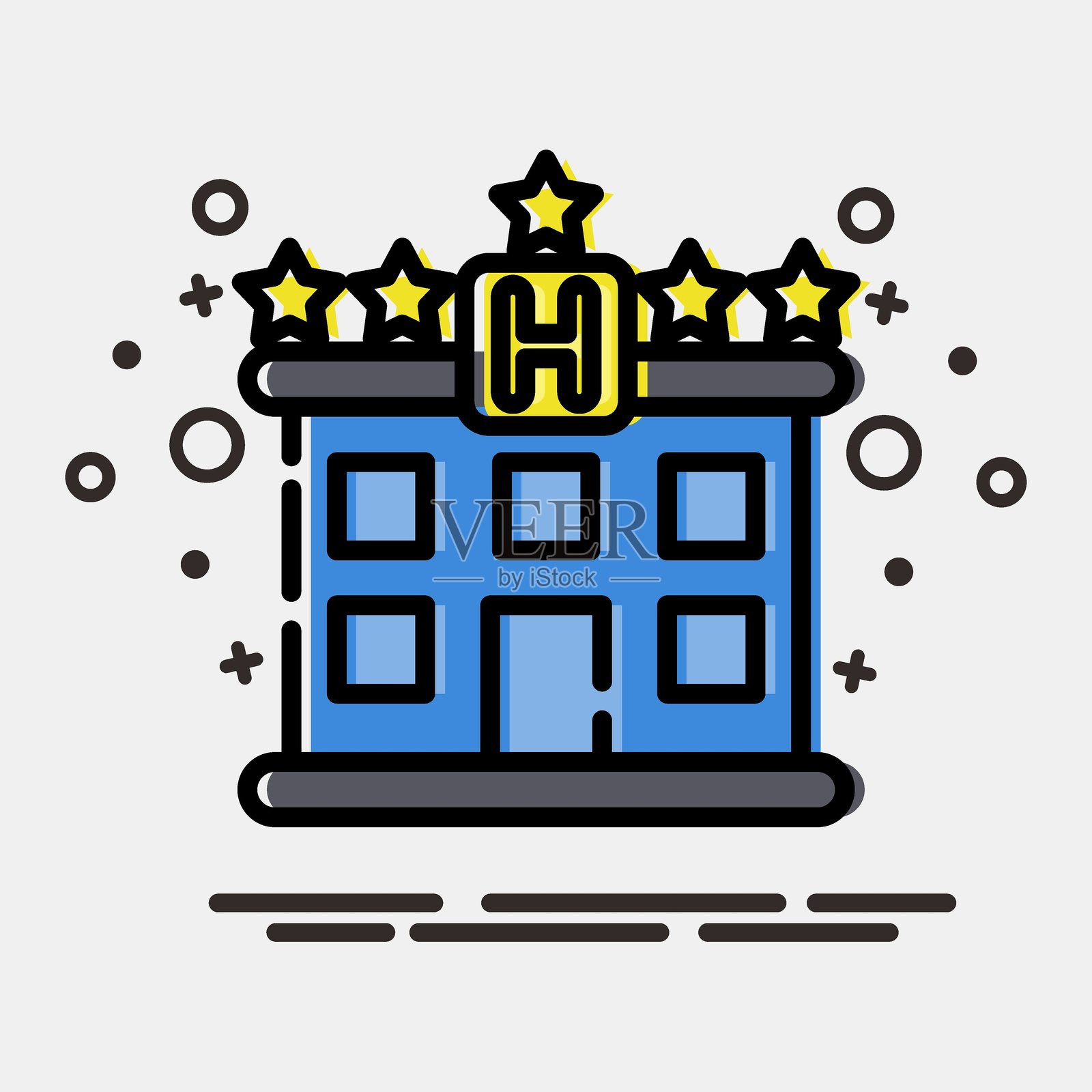 酒店图标。建筑元素。MBE风格的图标。适合用于印刷、网页、海报、标志、场地规划、地图、信息图表等。插画图片素材