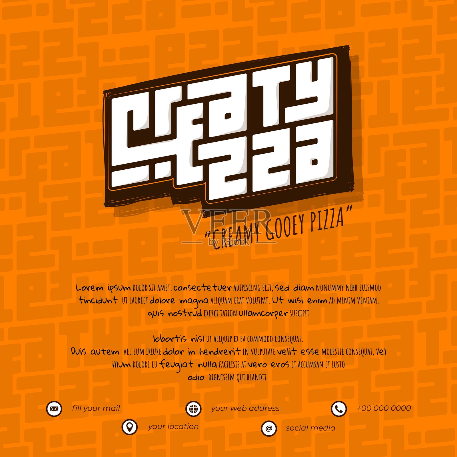 简单的立体排版设计,结合了“creamy gooey pizza”这几个词。插画图片素材