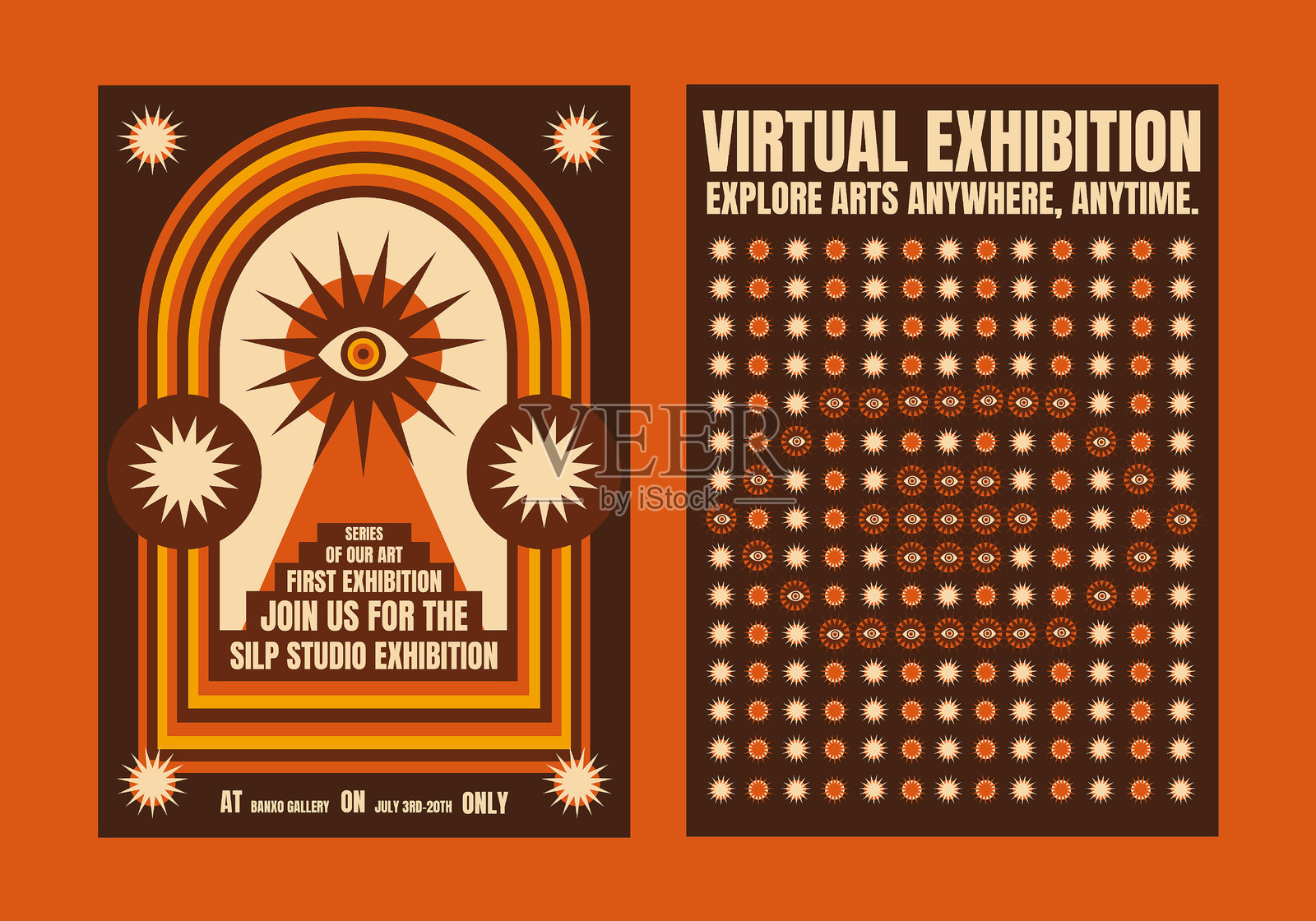 复古迷幻艺术展海报,色彩鲜艳,设计复古。插画图片素材