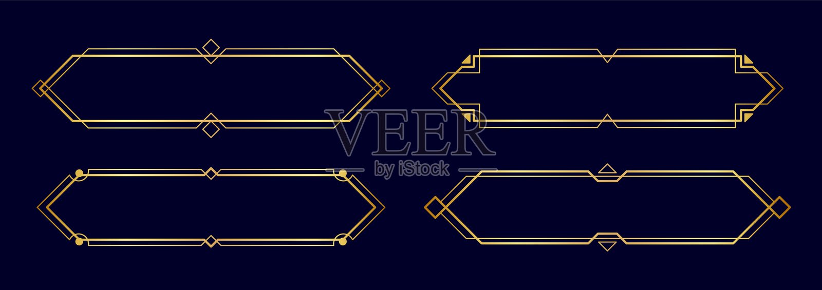 艺术装饰框架,金色优雅的古董边界,装饰游戏按钮或标签孤立在黑暗的背景。插画图片素材