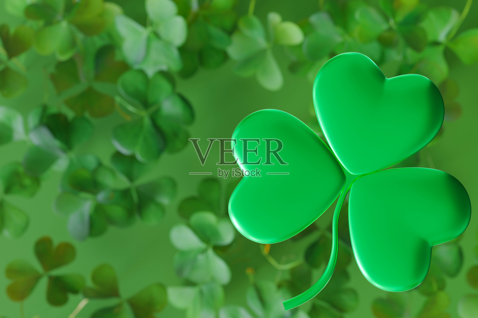 充满活力的圣帕特里克节主题设计,前景中有大型绿色三叶草,背景中有较小的稍微模糊的三叶草。象征好运与爱尔兰遗产。留白空间。3D效果。照片摄影图片