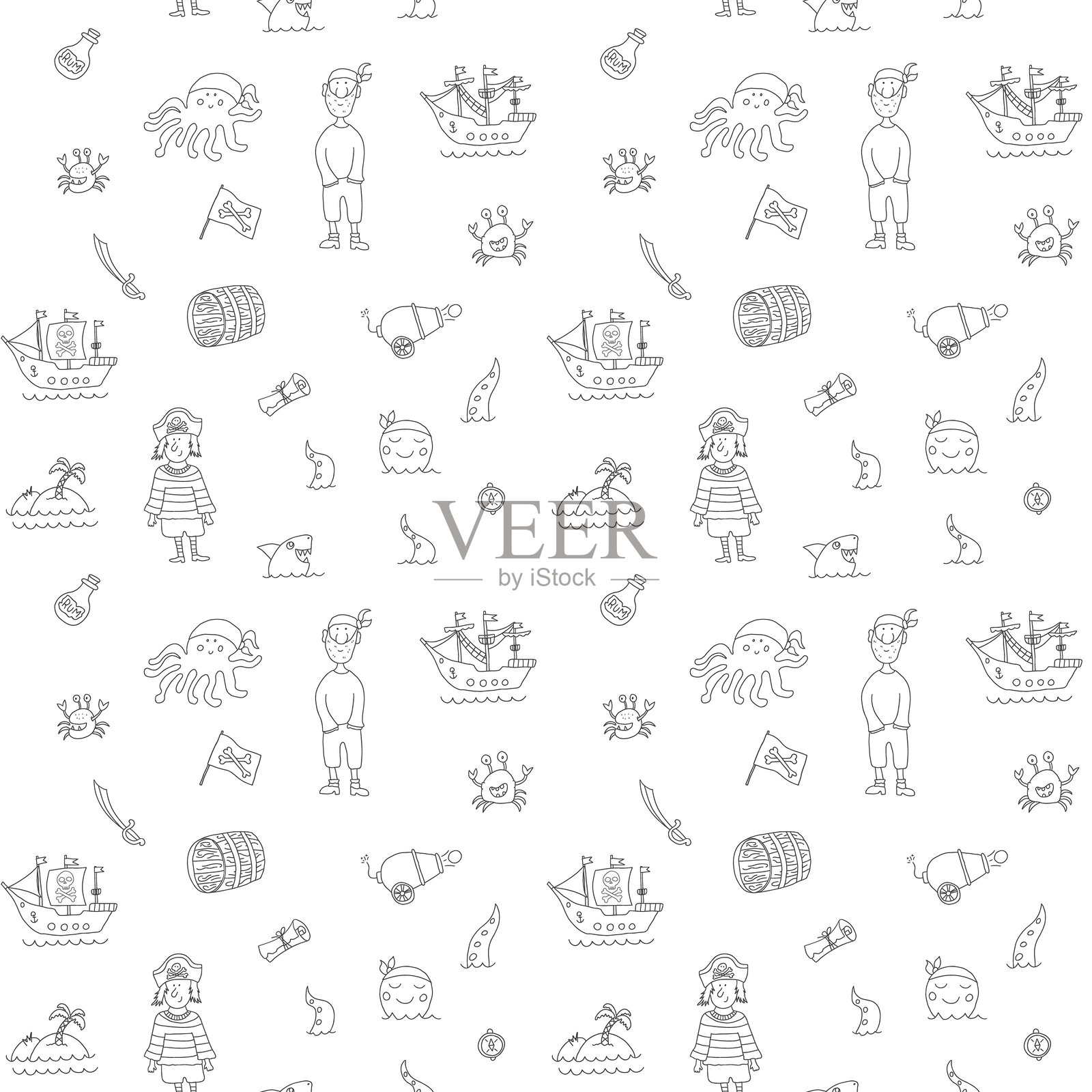 可爱的海盗元素无缝图案。卡通海盗及物品。背景。矢量插图。插画图片素材