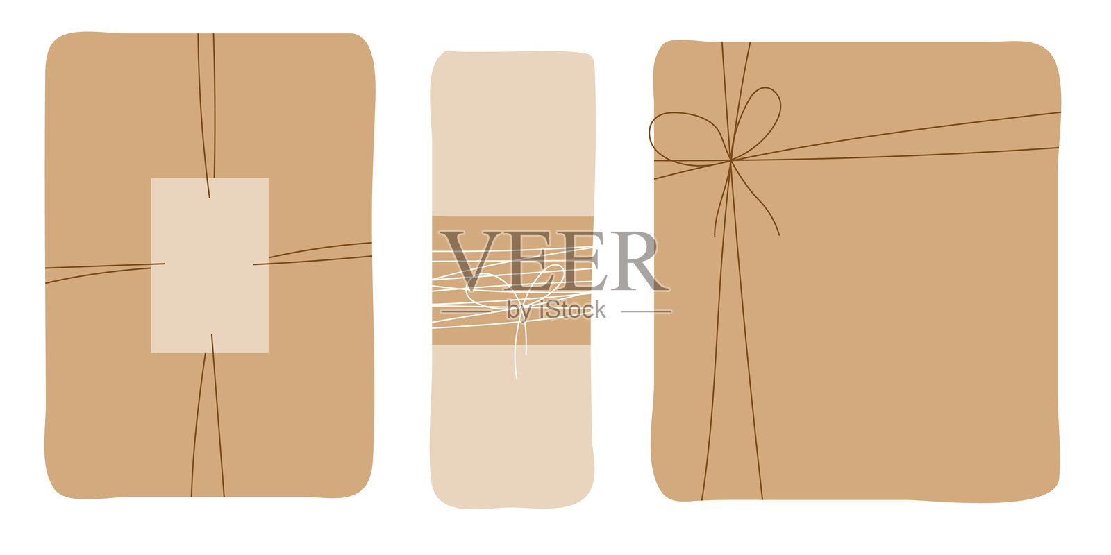 带有白色和棕色蝴蝶结及手工包装的礼品盒矢量设计,背景为纯白色。插画图片素材