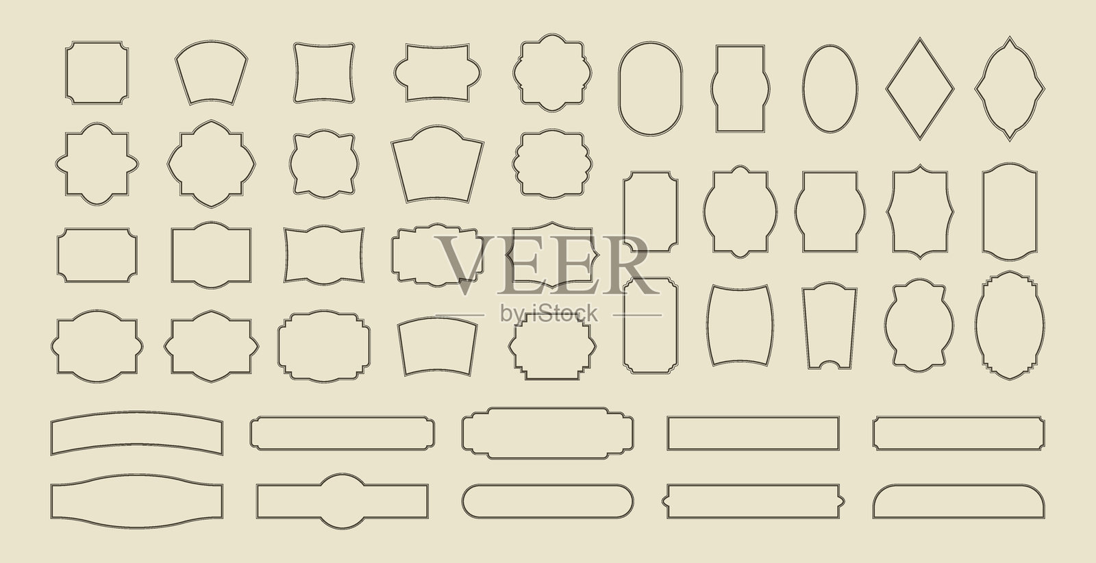 一组简单的双线框架和边框。包含垂直、水平、圆形和方形的空白模板,用于文本装饰。矢量插图,复古色彩。插画图片素材