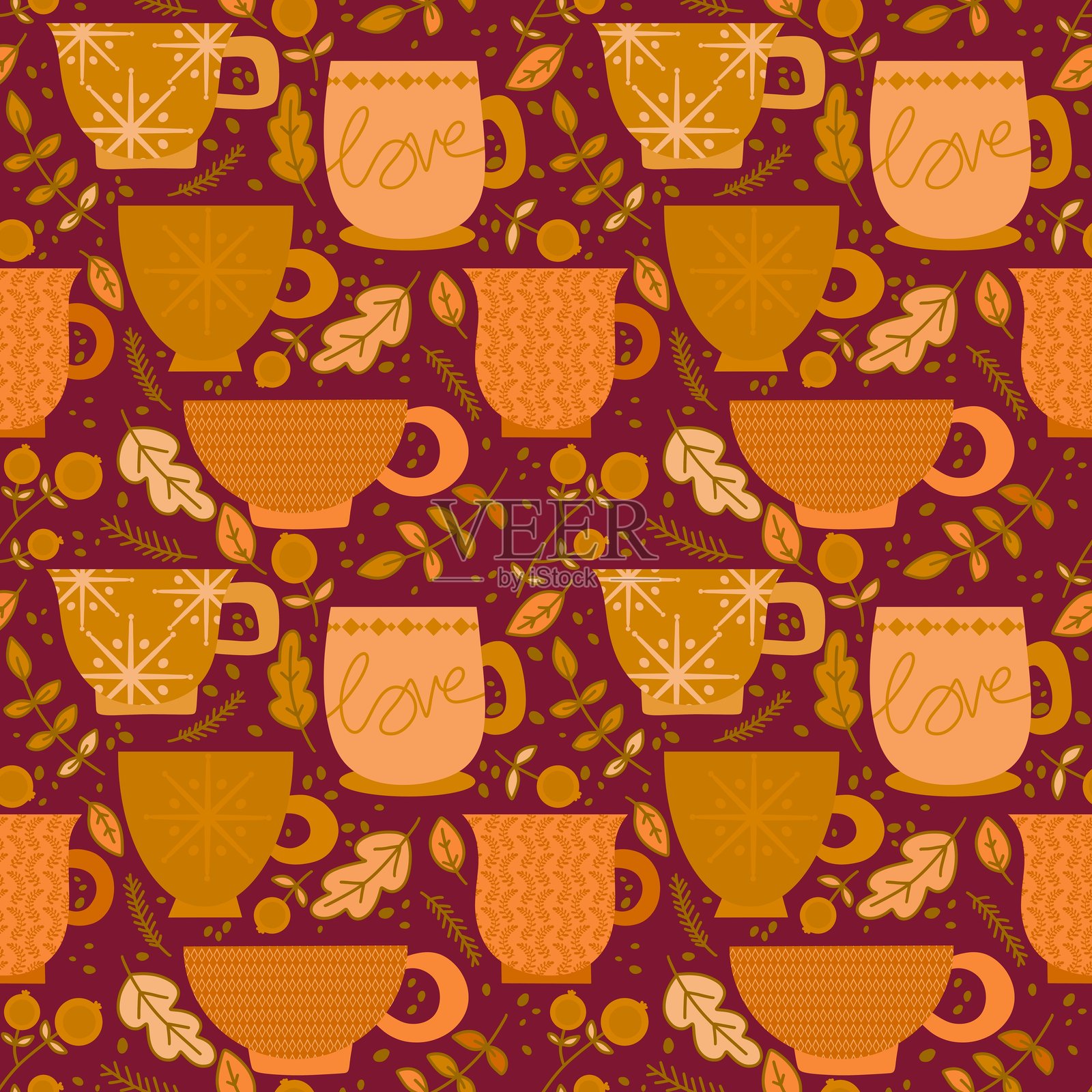 冬季圣诞无缝雪花和杯子图案包装纸照片摄影图片