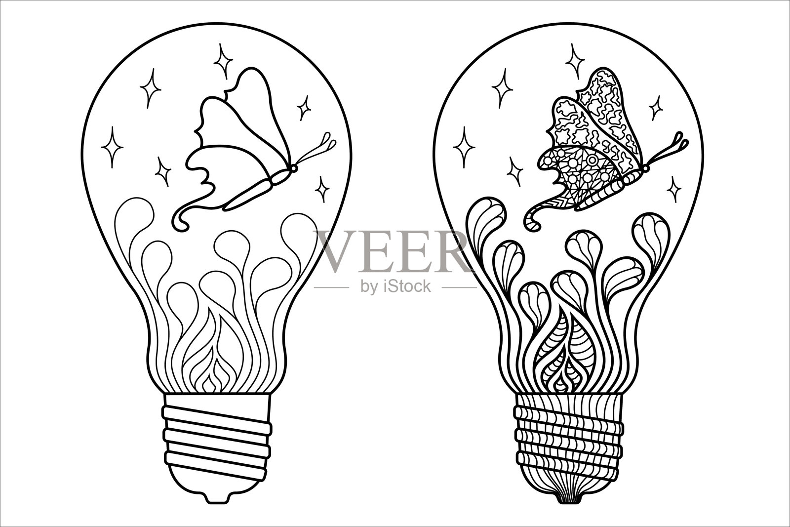 灯泡内的蝴蝶,反压力涂色涂鸦风格插画图片素材