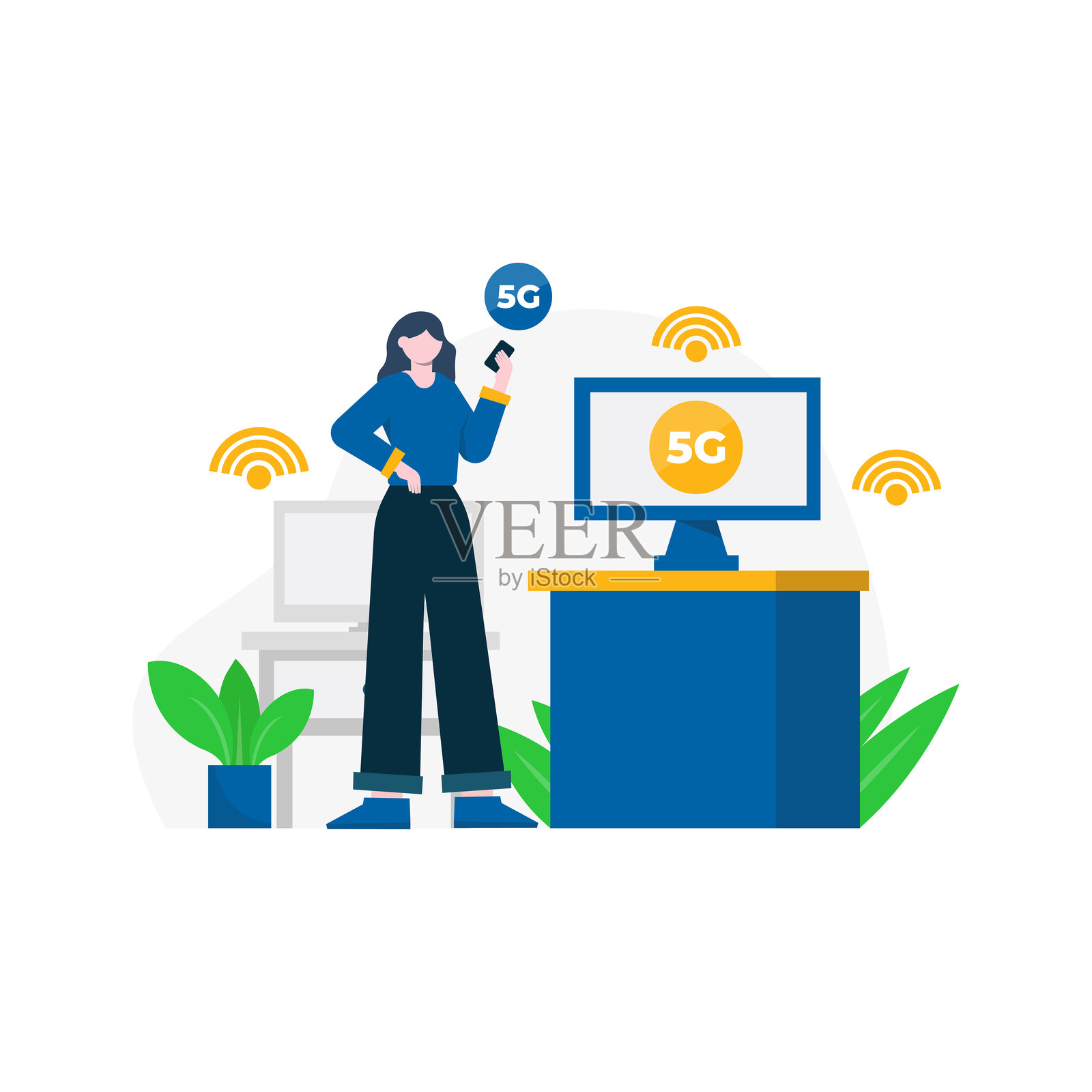 电脑和手机上的5G互联网服务插画图片素材