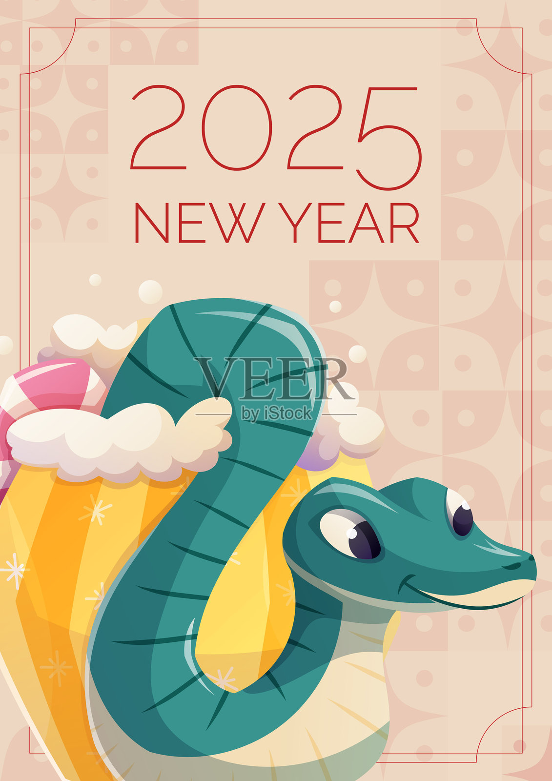 可爱的绿色木制蛇从装有热可可或咖啡的杯子里爬出来。象征着中国新年,2025年圣诞节。矢量节日或广告横幅,贺卡。插画图片素材