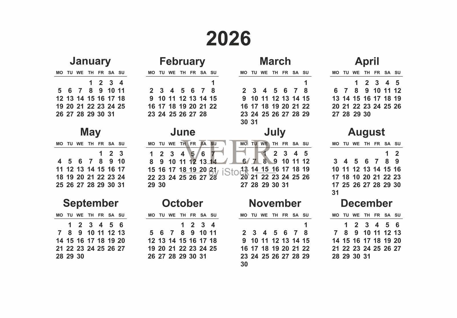 2026年周一开始的横向黑白日历模板,简单的口袋或墙壁日历布局。极简设计的年度文具整理器。插画图片素材