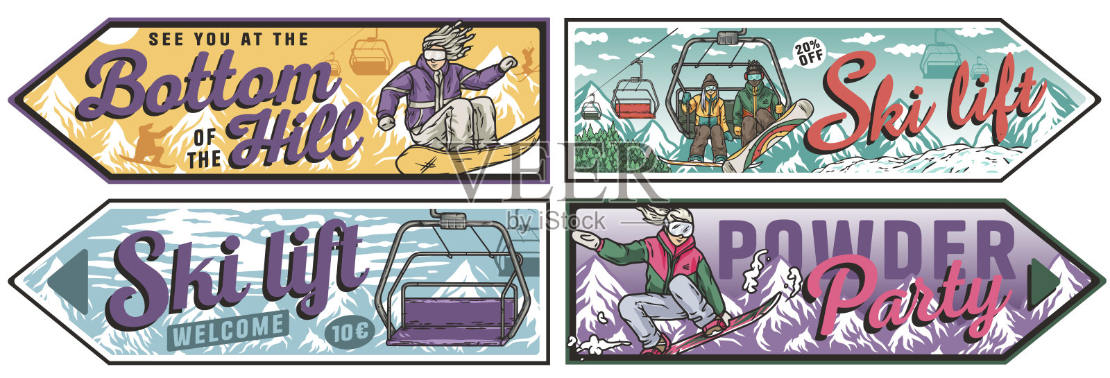 一组复古的滑雪和单板滑雪海报,展示滑雪者和单板滑雪者享受冬季假期。冬季运动海报或标志。插画图片素材