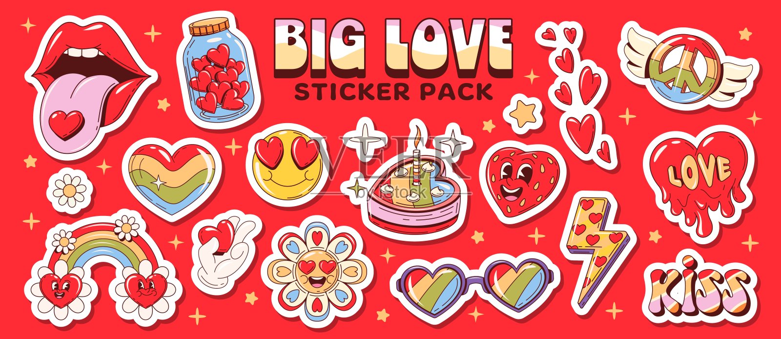 卡通风格的嬉皮士爱情符号贴纸包插画图片素材