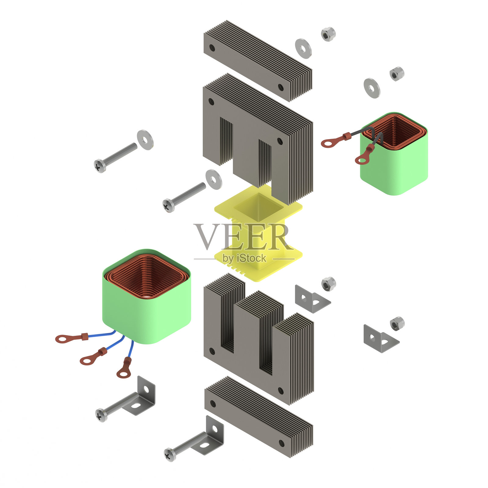 电力变压器的3D爆炸视图插图,背景为白色照片摄影图片