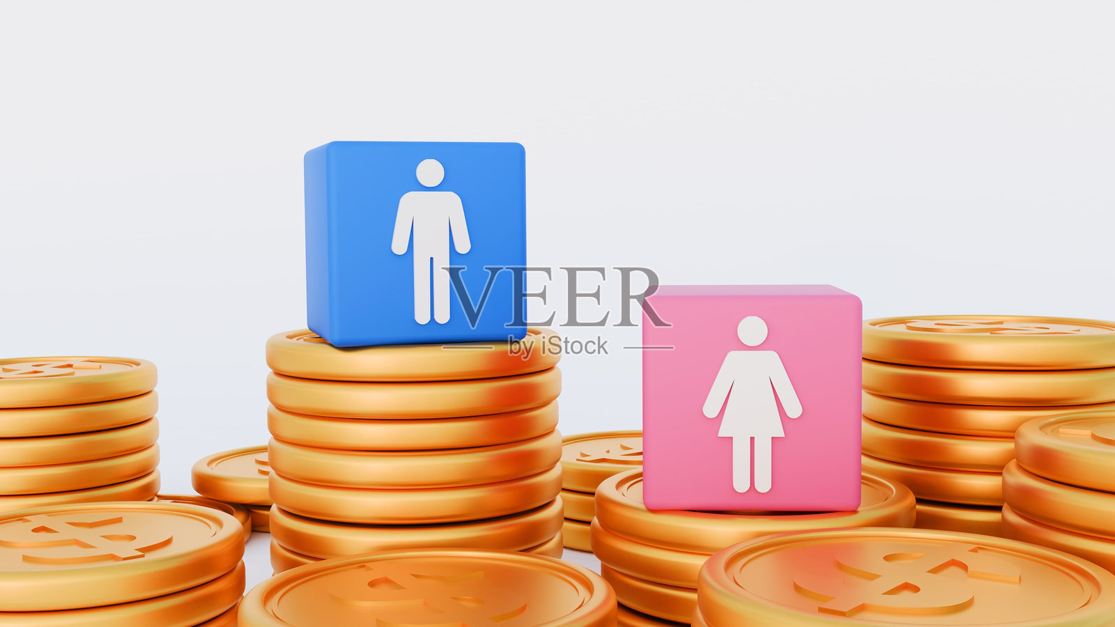 两个立方体,蓝色带有男性符号,粉色带有女性符号,放在金色的堆叠上。照片摄影图片