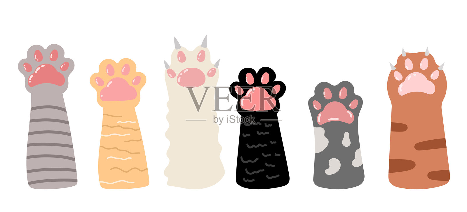 猫爪套装。条纹、爪子、可爱的猫腿、毛发。插画图片素材