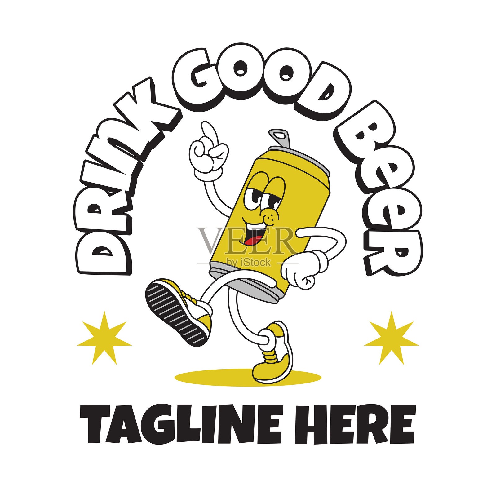 快乐的啤酒罐吉祥物角色T恤设计插图插画图片素材