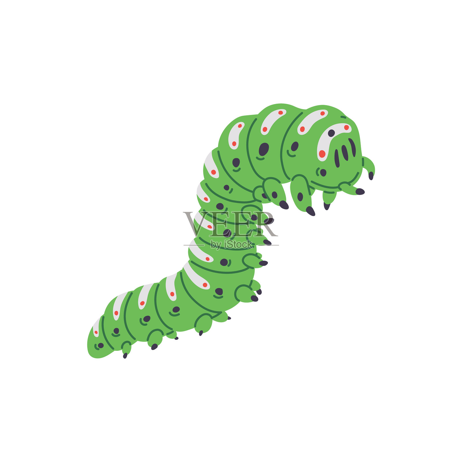 卡通斑点绿色毛毛虫矢量图标,可爱的虫子爬行涂鸦,幼虫,野生生物插画图片素材