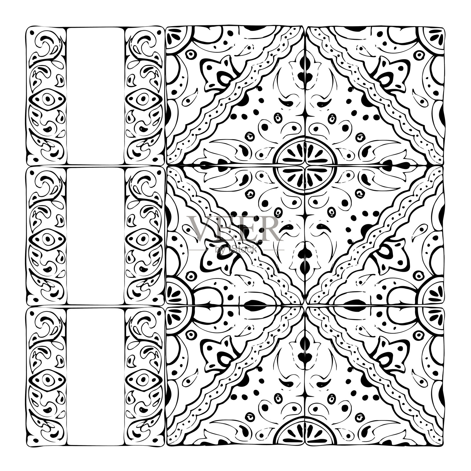 地中海风格的墨西哥阿拉伯摩洛哥马赛克图案,瓷砖墙面地板釉面装饰。独立的瓷砖盘套装。手绘墨水矢量插图。设计建筑、宣传册、家居装饰。插画图片素材