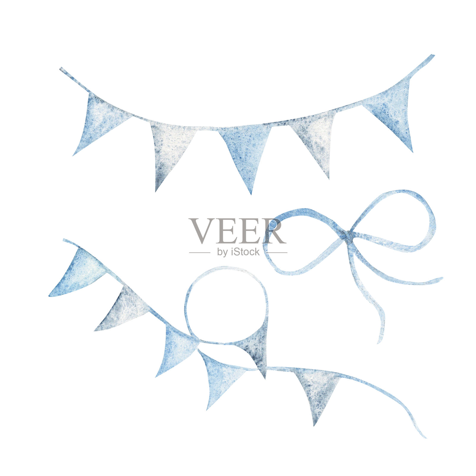 一组彩旗派对旗帜和蝴蝶结。手绘水彩插图,蓝色生日装饰,复古风格,背景为白色。适用于生日、婴儿洗礼、男孩性别派对的设计元素。照片摄影图片
