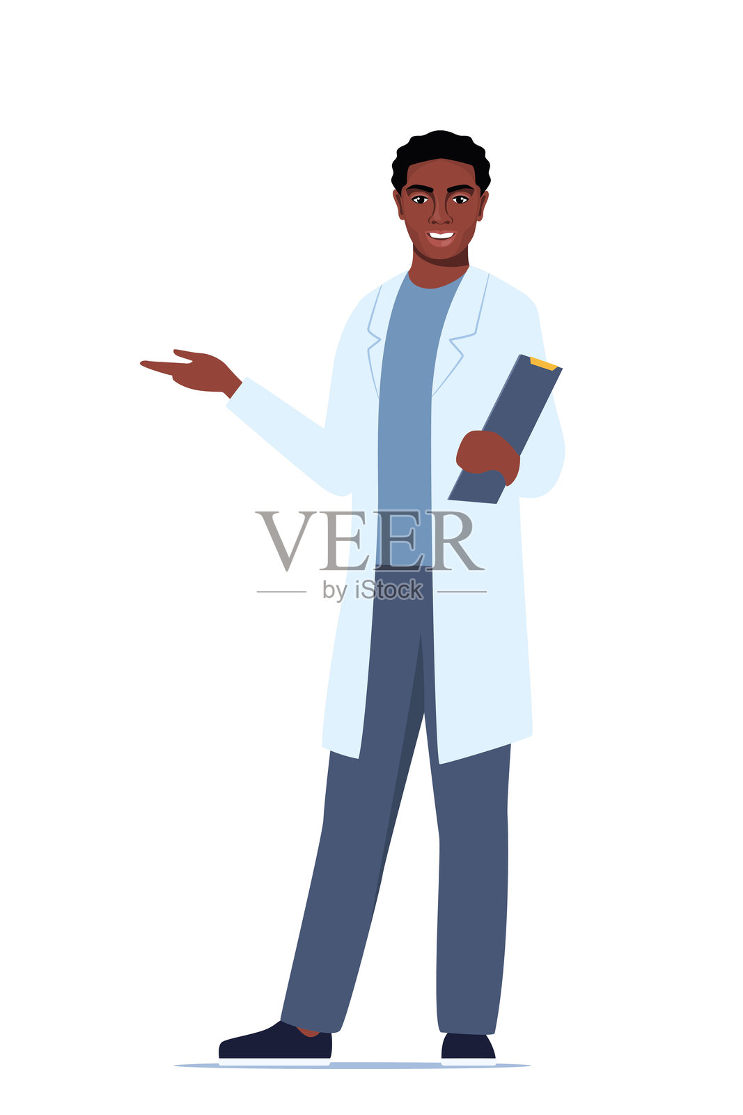 穿着医疗制服的医生用手指着并展示某物。黑人医学工作者正在解释和展示内容。矢量平面插图。插画图片素材